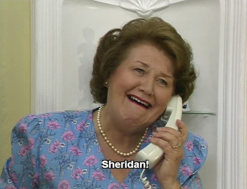 Hyacinth-Bucket-talking-to-Sheridan-on-her-white-slimline-with-automatic-redial