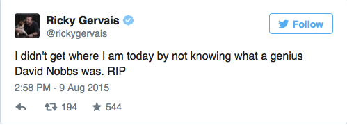 Ricky Gervais pays tribute to David Nobbs