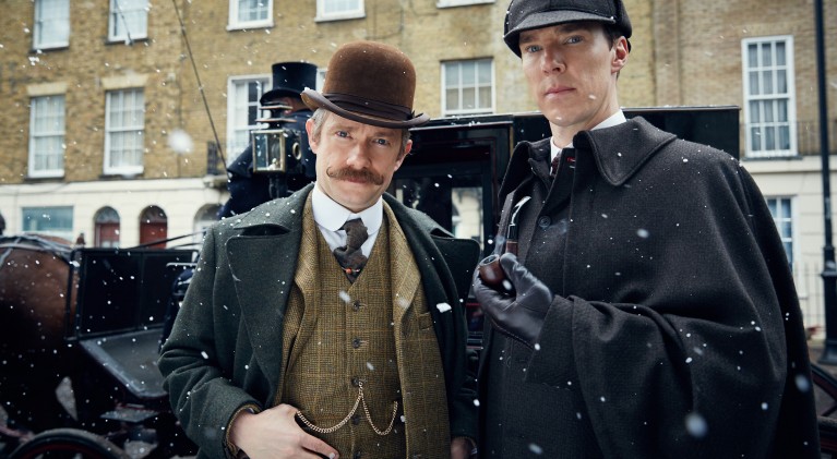 MASTERPIECE Sherlock: The Abominable Bride Picture Shows: MARTIN FREEMAN as John Watson and BENEDICT CUMBERBATCH as Sherlock Holmes © Robert Viglasky/Hartswood Films and BBC Wales for BBC One and MASTERPIECE This image may be used only in the direct promotion of MASTERPIECE. No other rights are granted. All rights are reserved. Editorial use only.