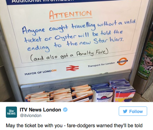 London Underground threatens fare-dodgers with ‘Star Wars’ spoilers