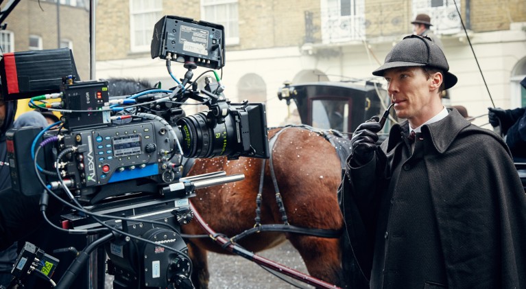 MASTERPIECE Sherlock: The Abominable Bride Picture Shows: Behind the scene. EXT. 221B Preparing to shoot horse drawn carriage in snow. BENEDICT CUMBERBATCH as Sherlock Holmes © Robert Viglasky/Hartswood Films and BBC Wales for BBC One and MASTERPIECE This image may be used only in the direct promotion of MASTERPIECE. No other rights are granted. All rights are reserved. Editorial use only.
