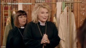 Dawn French as Geraldine Kennedy and Jennifer Saunders as Reverend Jen in the 2015 "Vicar of Dibley" Comic Relief special for Red Nose Day
